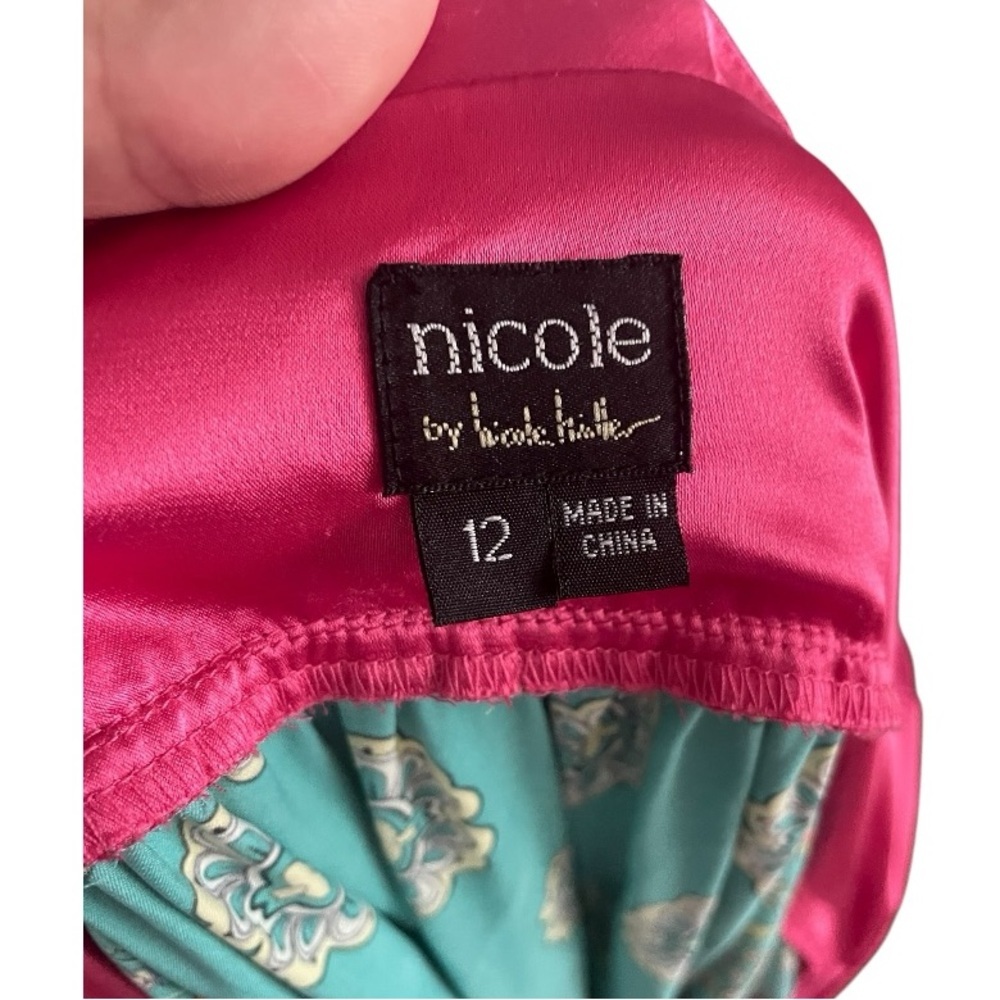 Nicole Miller Placed Paisley Empire Babydoll Dress Teal Pink Orange 12 hippie - Picture 4 of 6